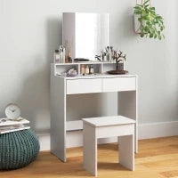 Tavolo da Trucco con Specchio, 3 Ripiani, 2 Cassetti e Sgabello, in Legno, 75x38x135 cm, Bianco
