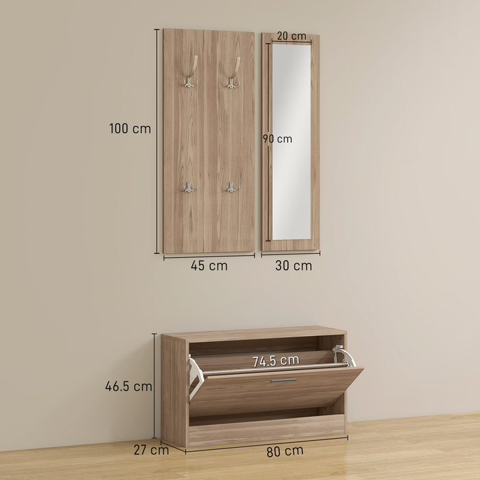 Set Mobili da Ingresso con Panca Scarpiera Appendiabiti a Muro e Specchio in Legno Truciolare Marrone Scuro