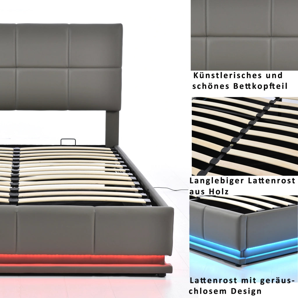 Letto Contenitore 160 x 200 cm; Letto Matrimoniale - LED e Testiera Regolabile - Grigio