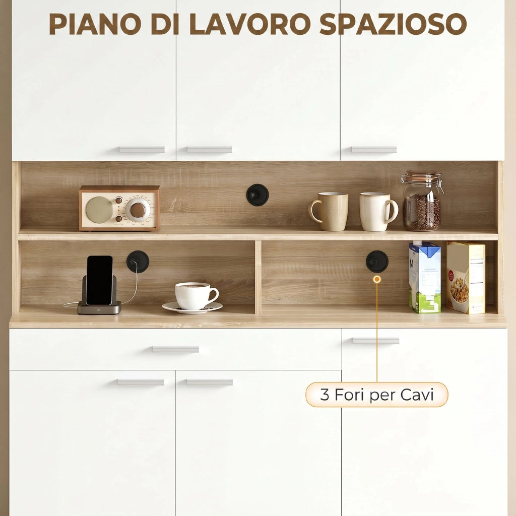 Credenza da Cucina 120x40x175 cm con Ripiani Aperti 4 Armadietti e Cassetto in Legno e Metallo Bianco e Legno
