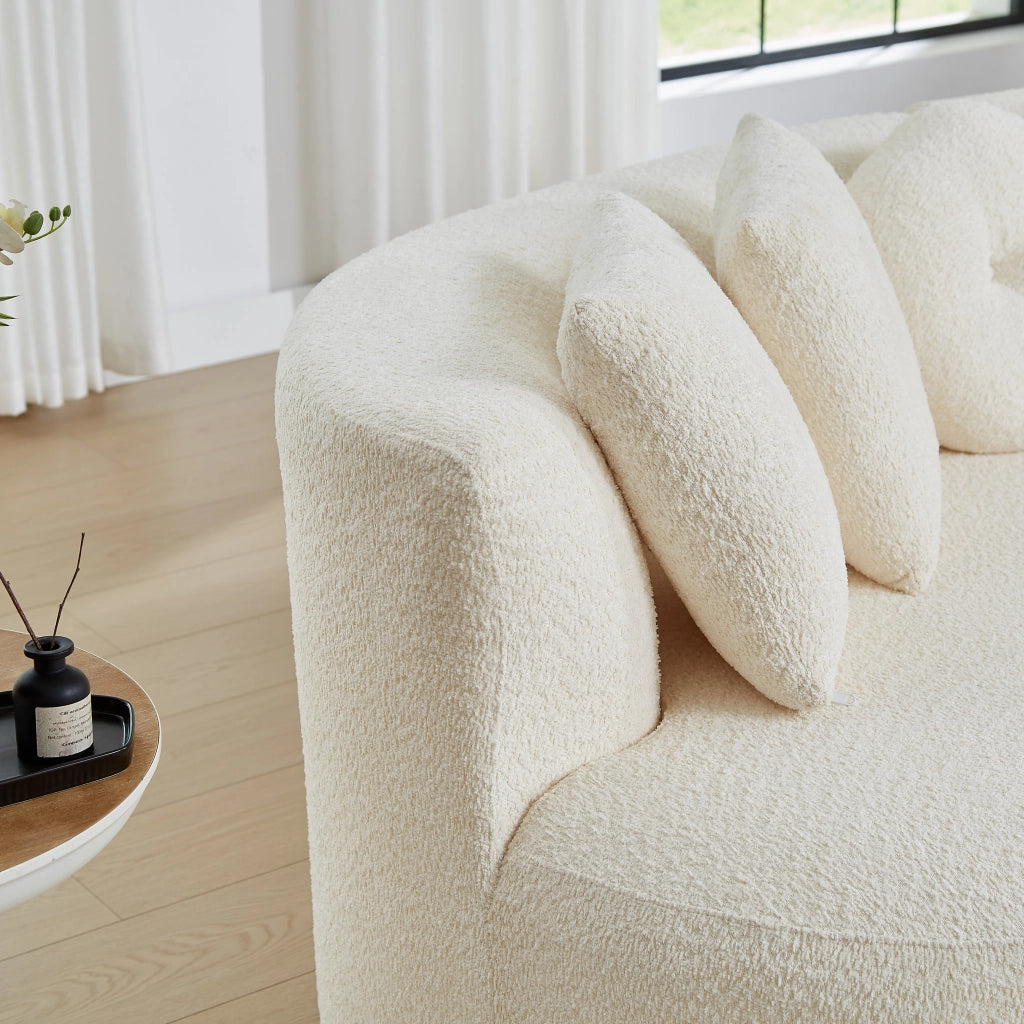 Divano modulare in chenille con schienale continuo e 6 cuscini forma curva a due moduli beige per soggiorno e sala giochi
