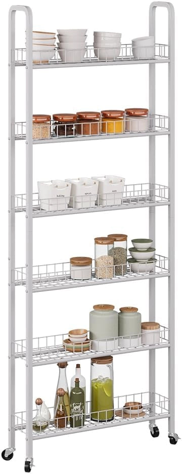 Piedistallo mobile Rolivo, Bianco, 58 x 15 cm con 6 scomparti, posizionabile in modo flessibile su ruote per spazi stretti