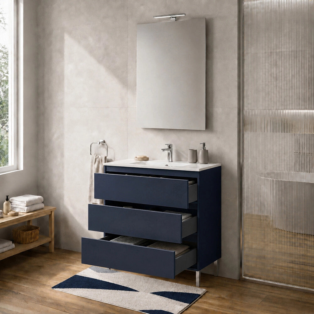 Mobile bagno a terra 70 cm blu tre cassetti push-pull con lavabo Tierra
