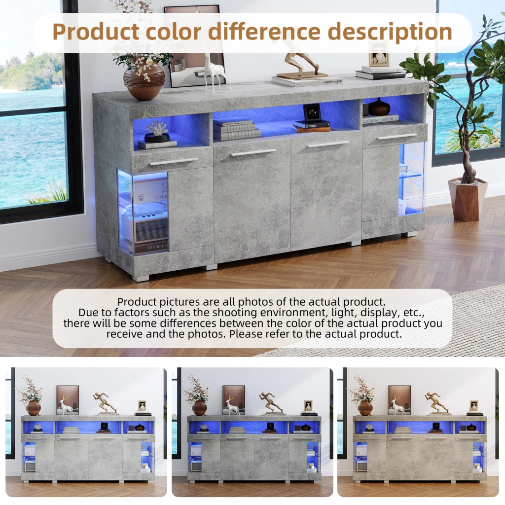 Credenza e madia con LED e ante in vetro temperato, 3 vani contenitore, per soggiorno, in MDF, grigio cemento 140 × 40 × 70 cm
