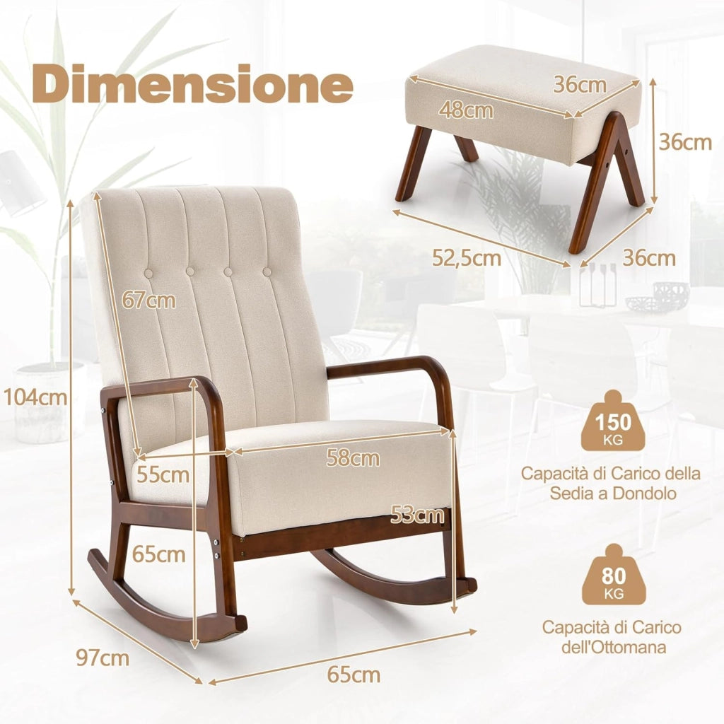 Poltrona a Dondolo con Poggiapiedi, Poltrona Imbottita in Tessuto con Struttura in Legno di Gomma Massello, Set Sedia a Dondolo e Poggiapiedi per Cameretta, Salotto (Beige)