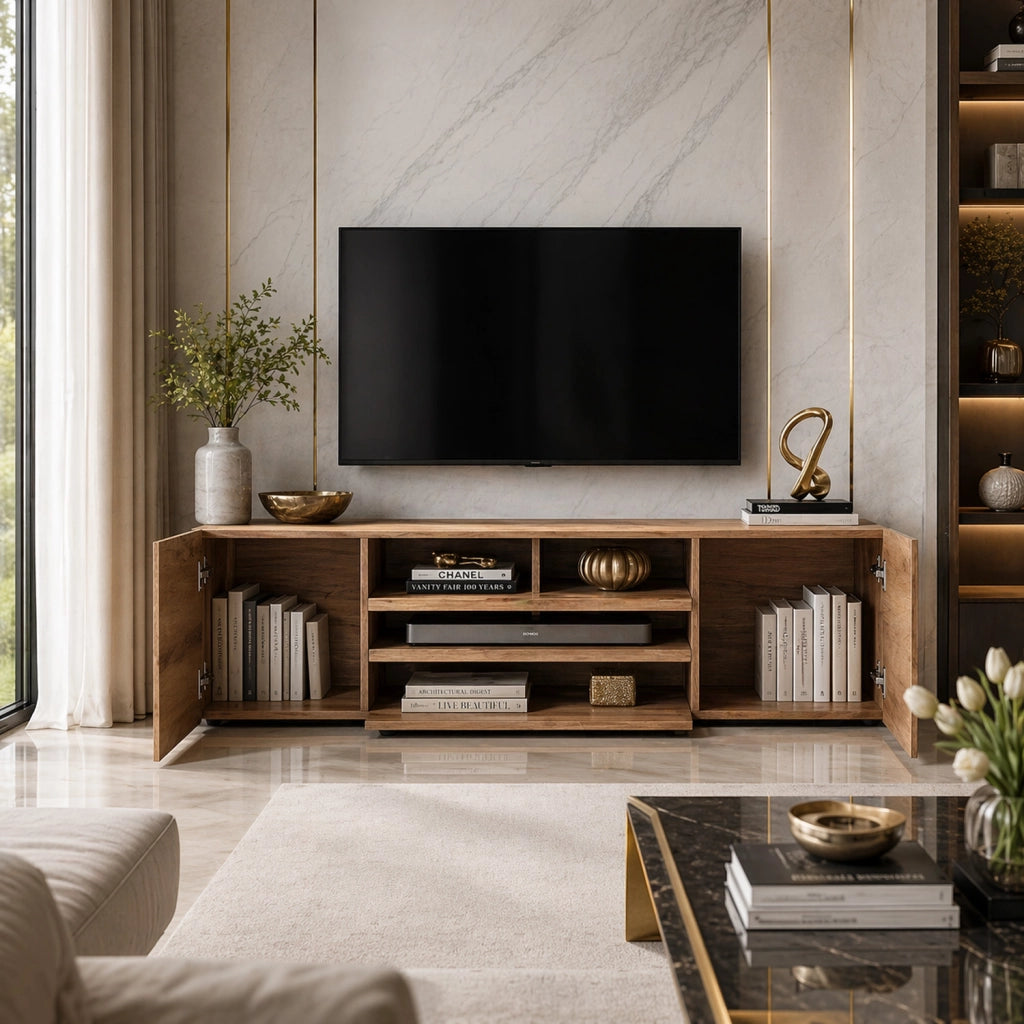 Mobile TV Design Moderno Nordico Con LED Integrati 2 Ante Battenti 1 Anta A Ribalta E Vani A Giorno In Melaminico Per Soggiorno Salotto Zona Living 137 X 45.5 X 33 Cm Rovere