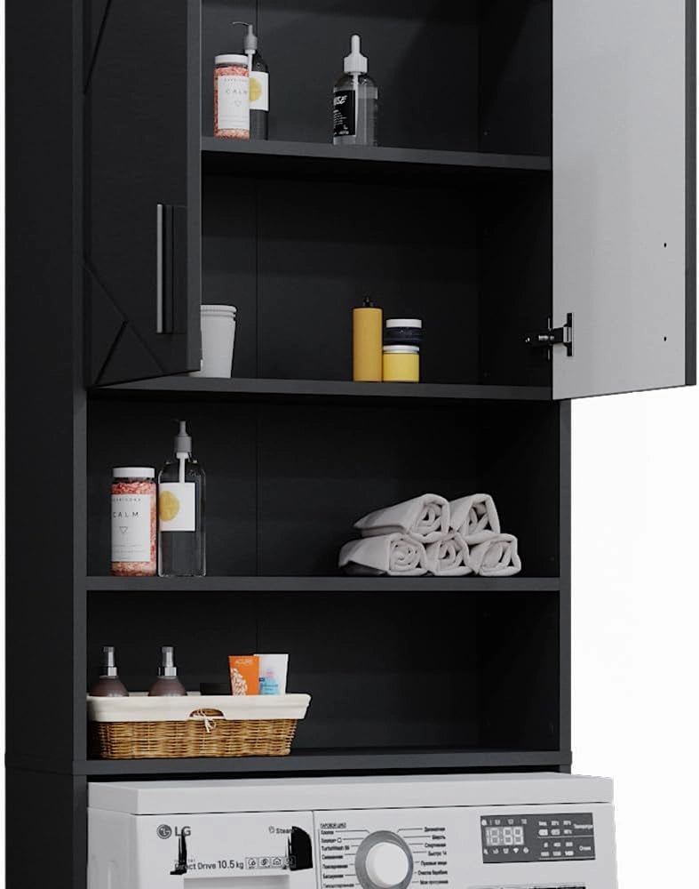 Mobiletto per lavatrice Irma, Antracite lucido, 64 x 190.5 cm, adatto per riporre oggetti e come supporto per lavatrici