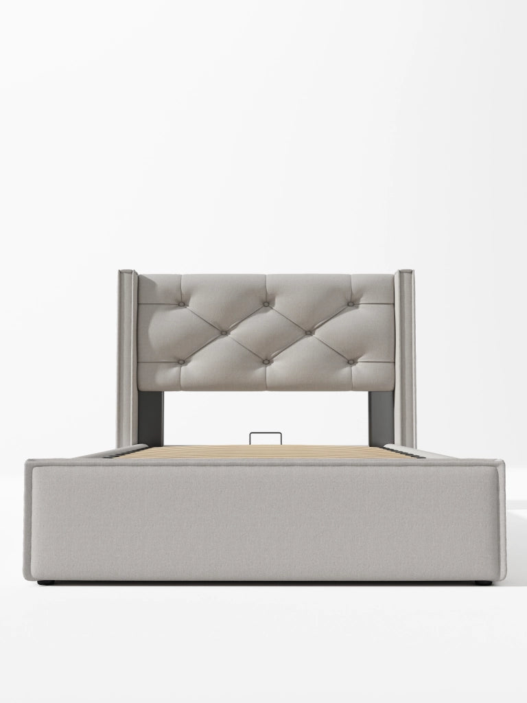 Letto singolo 90 × 200 cm con contenitore, testiera imbottita, materasso incluso, in cotone, grigio chiaro