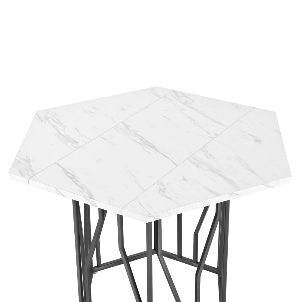 Tavolo da pranzo esagonale con piano effetto marmo in MDF e base in metallo nero per sala da pranzo e soggiorno