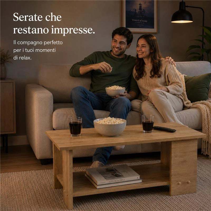 TAVOLO DA CAFFÈ RETTANGOLARE CON RIPIANO E 4 SUPPORTI COLORE ROVERE DIMENSIONI 89X48X42 CM