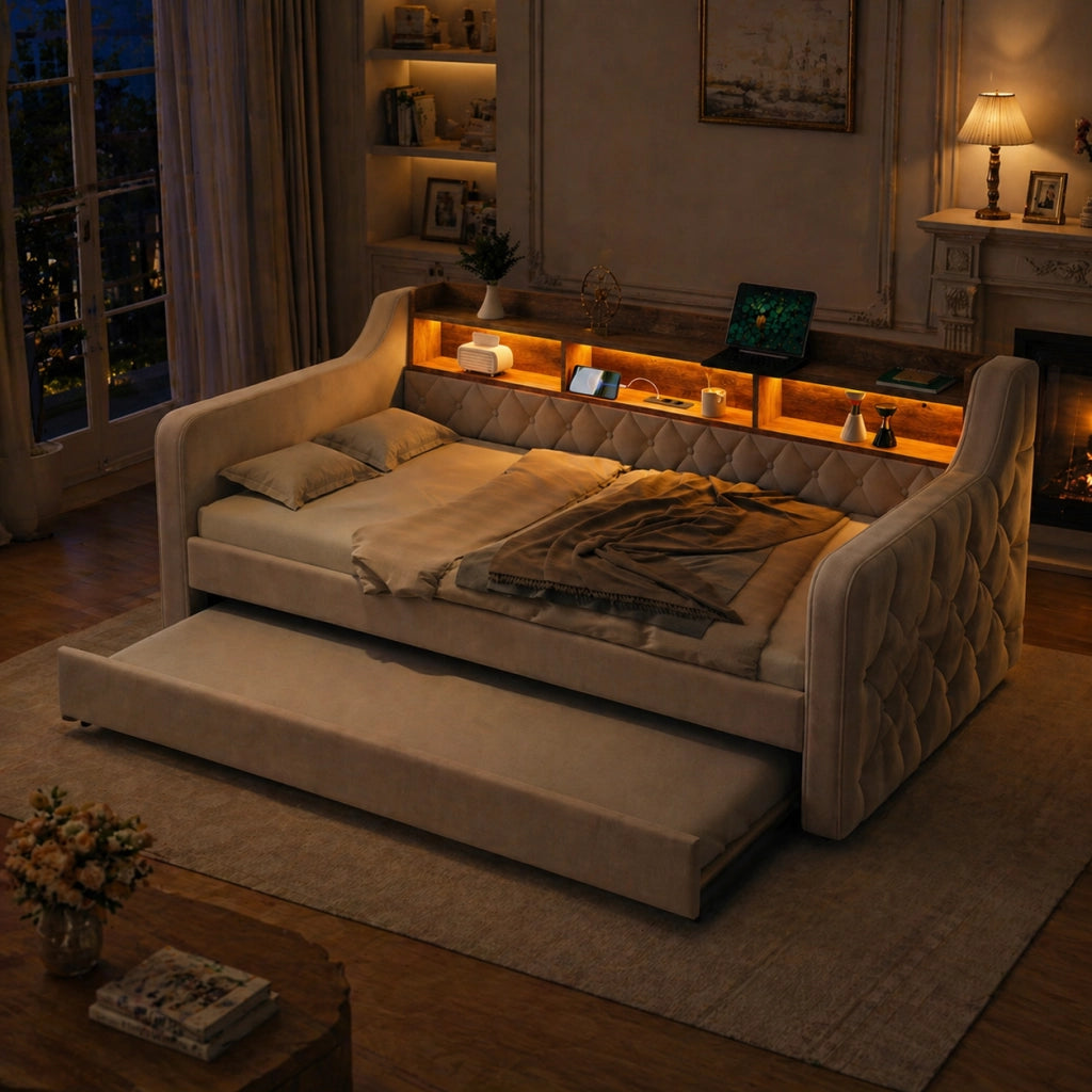 Divano letto in velluto con contenitore e LED, 90x190 cm, beige