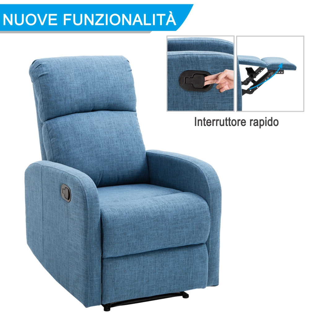 Poltrona Relax Reclinabile Manuale con Poggiapiedi Portata 125kg Tessuto di Lino 67 ¡Á 83 ¡Á 107cm Blu
