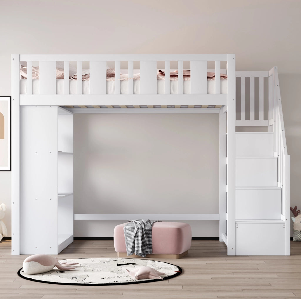 Letto a soppalco 90x200 cm con scala contenitore e 3 vani