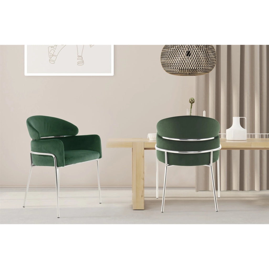 Sedia di design Elva in velluto verde e metallo argento