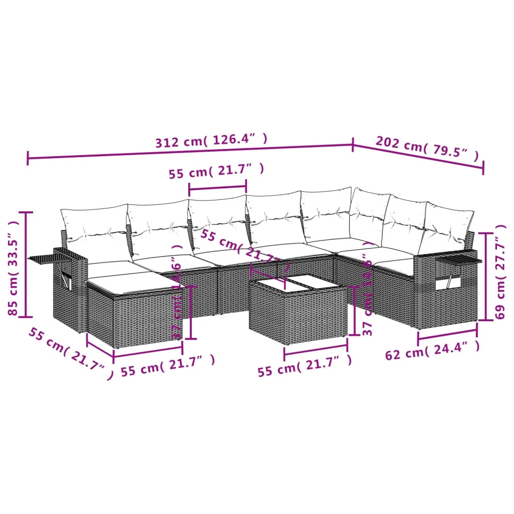 Set Divano da Giardino 9 pz con Cuscini Beige in Polyrattan 3252906