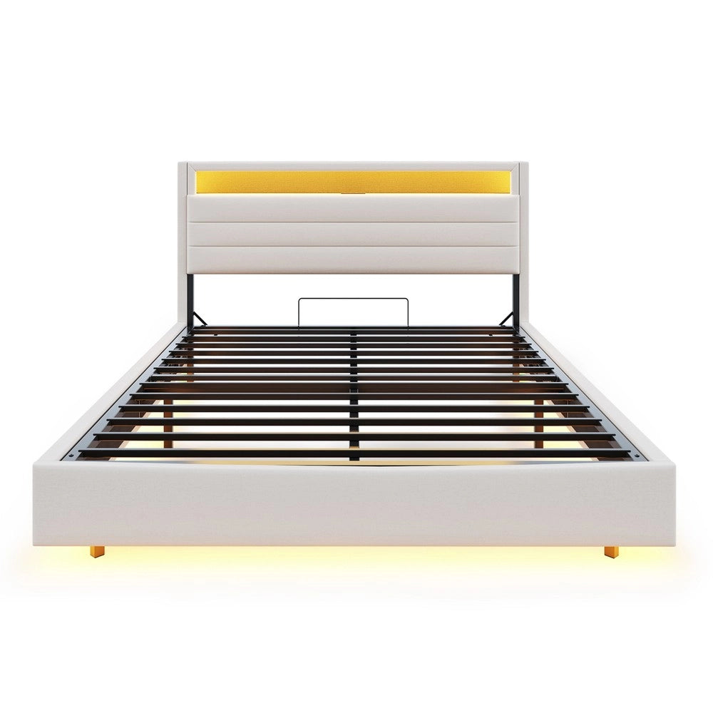 Letto Imbottito Contenitore 140x200 con LED e USB ¨C Xylo ¨C Testiera Reversibile, Tessuto Beige