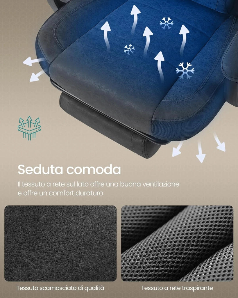 SONGMICS Sedia Gaming, Sedia Ufficio Scrivania, Ergonomico, con Poggiapiedi, Poggiatesta Regolabile, Cuscino Lombare, Portata 150 kg, Nero Inchiostro OBG077BH21