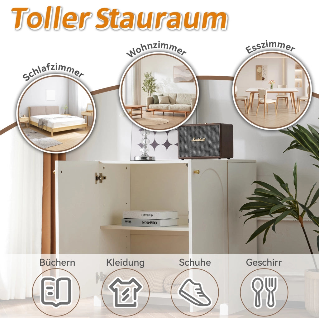 Credenza bianca con motivo ad arco e maniglie dorate