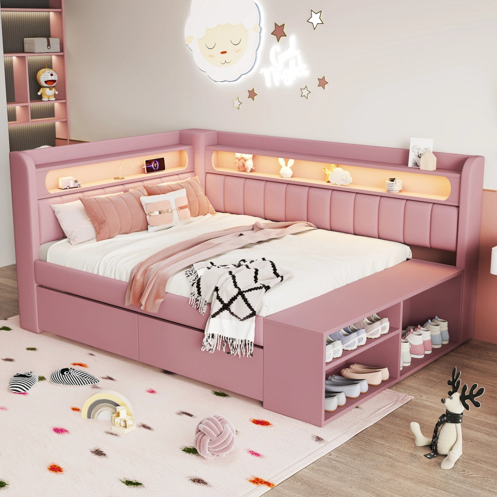 Letto a Divanetto 90x200 cm con USB; LED; 2 Cassetti e Scarpiera; Imbottito - Rosa