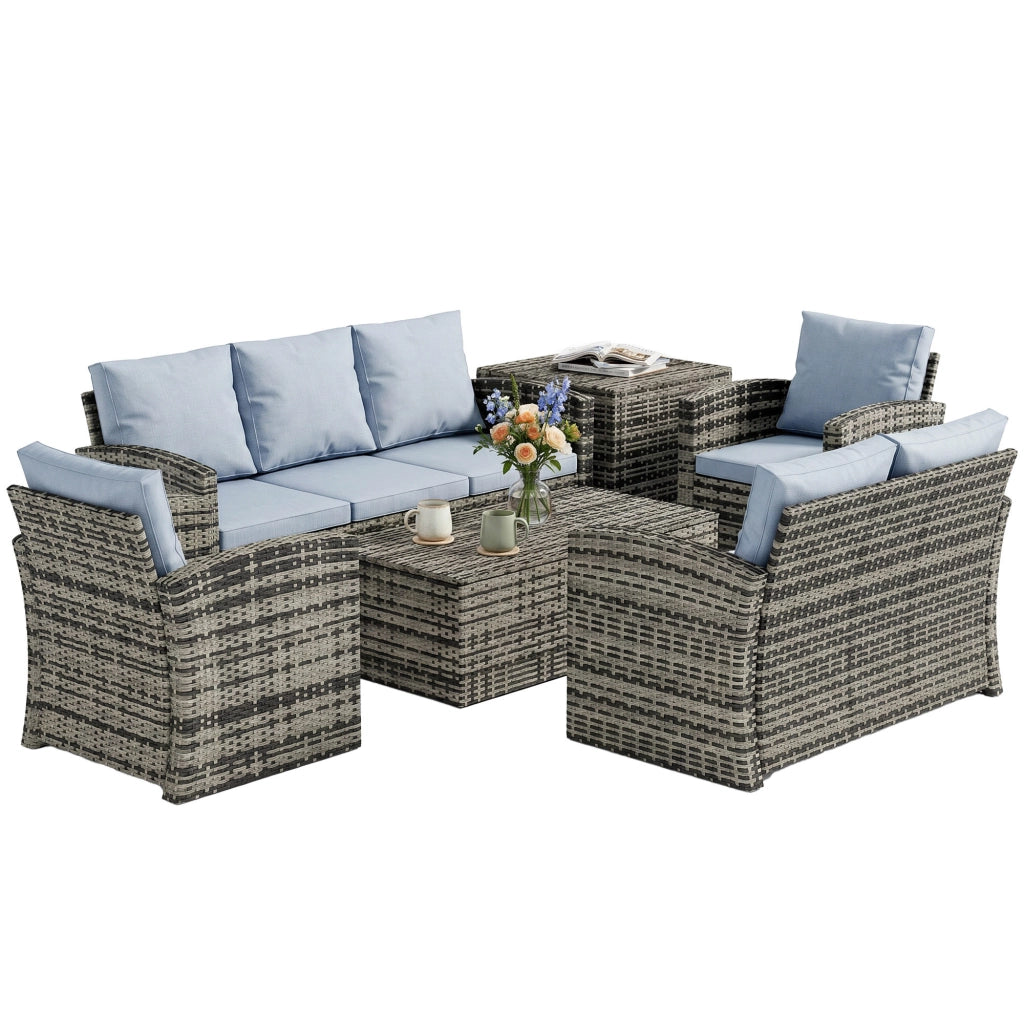 Set Giardino 6 Pezzi con 2 Divani, 2 Poltrone e 2 Tavolini ¨C Zephmum ¨C Rattan e Acciaio, Grigio