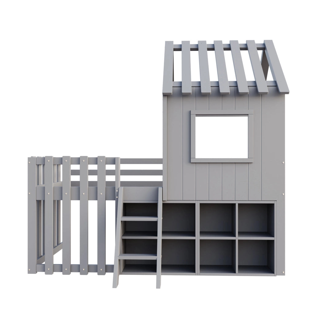 Letto a soppalco per bambini 90×200 cm con tetto; finestre; scala e vano portaoggetti; senza materasso; grigio