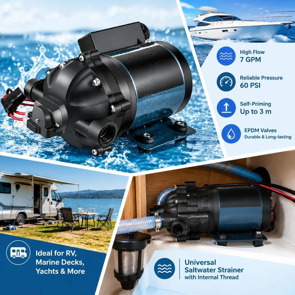 Dishwashing Pump, 12 V DC, 7 GPM 60 PSI, Max. 3 M Lift, Self-priming Water Pump, With EPDM Valve, Universal Saltwater Strainer & Internal Thread, For Motorhome, Marine Deck, Yacht