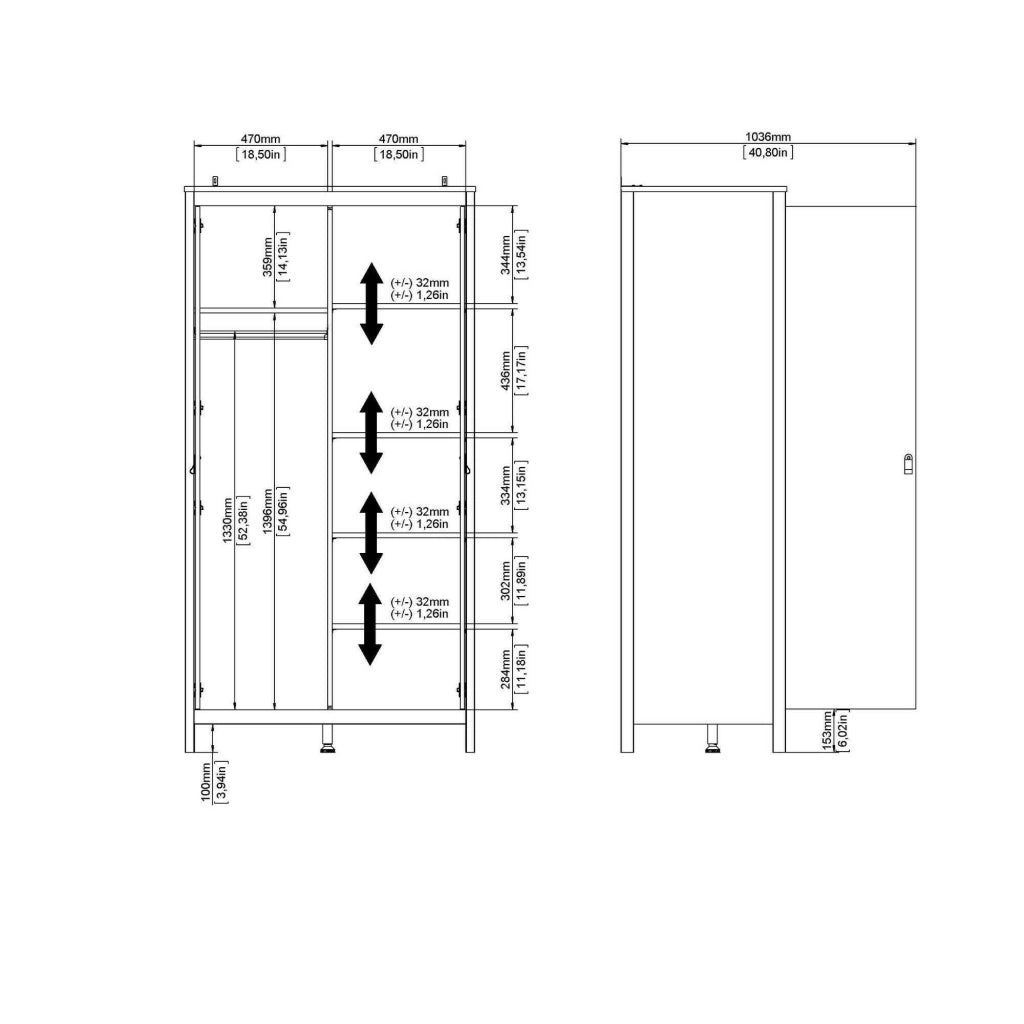 Guardaroba 2 ante Zagabria, Mobile camera da letto, Cabina armadio portabiti, Armadio appendiabiti, 102x58 h199 cm, Bianco
