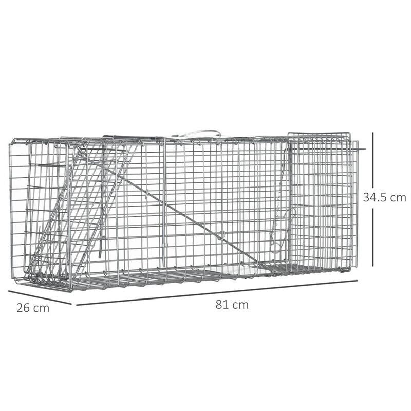 GABBIA TRAPPOLA PER ANIMALI VIVI PIEGHEVOLE IN ACCIAIO, 81X26X34.5CM, ARGENTO