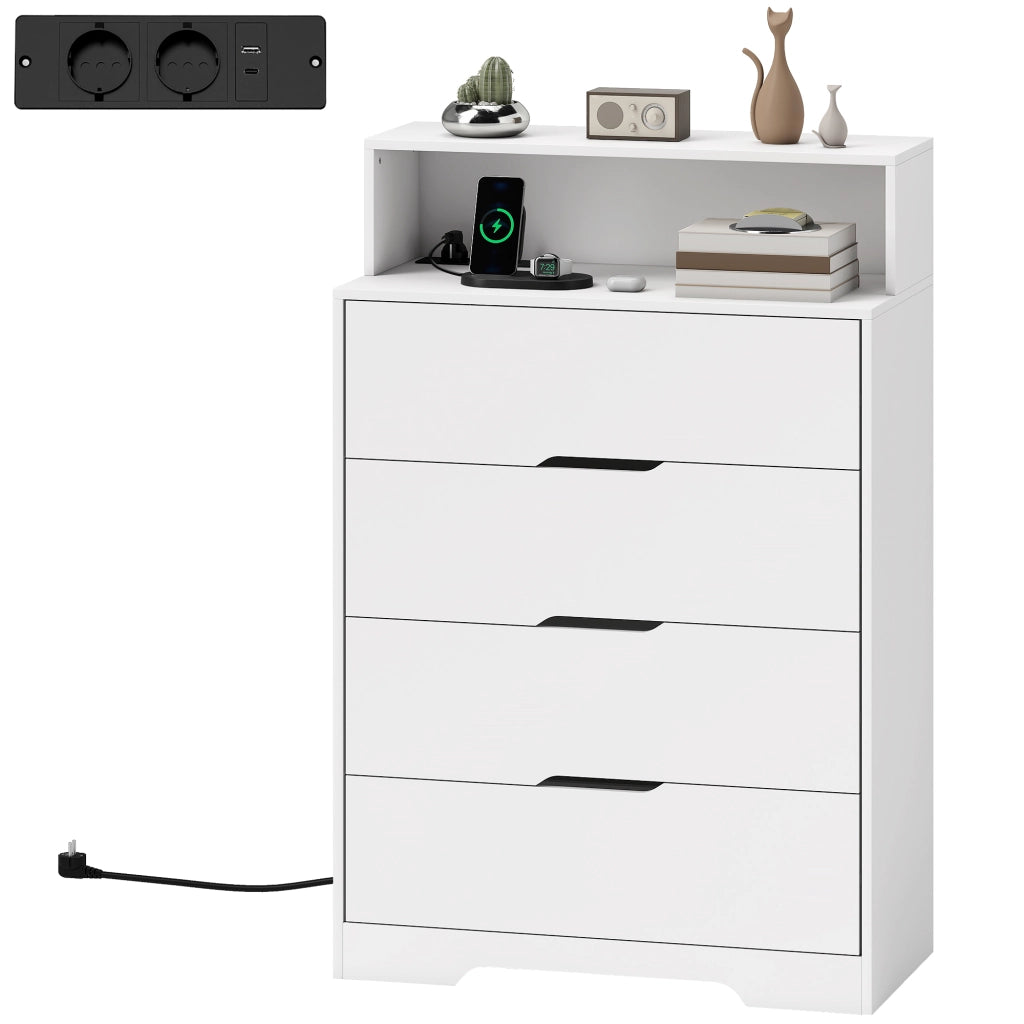Cassettiera con 4 Cassetti e Stazione di Ricarica USB USB-C ¨C zephmum ¨C Bianco 80x40x120 cm