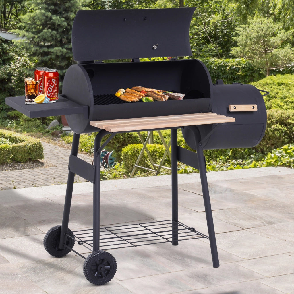 Barbecue a Carbone 3 in 1 con Affumicatore ¨C Xylo ¨C 124x53x104 cm Nero con Termometro e Ruote