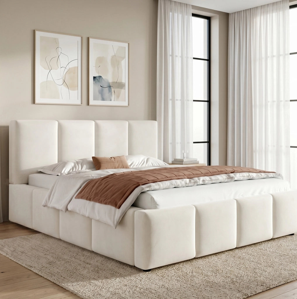 Letto matrimoniale beige in chenille 180x200 cm con rete