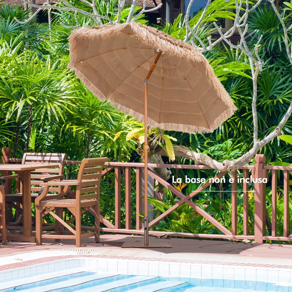 Ombrellone da patio resistente all'acqua e al sole con tetto di palma struttura in metallo, Ombrellone da 208cm-Ombrelloni