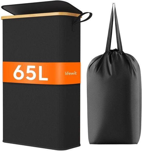 Wastino 65L con coperchio, cestino di stoccaggio pieghevole con sacco di stoccaggio, cestino di stoccaggio in bambù con maniglia portatile per appartamento, studentato e caravan, nero