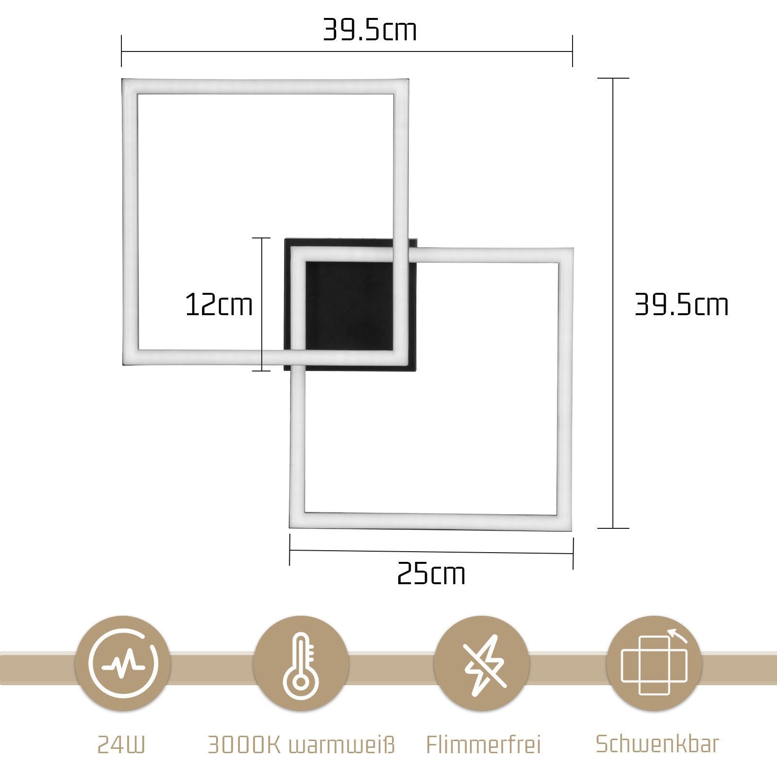 ZMH Lampada da soffitto LED nera moderna quadrata 2 cornici 3000K per soggiorno