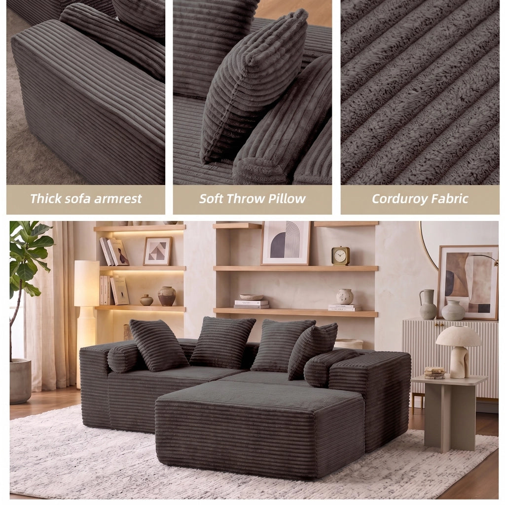 Canapé modulaire angolare senza montaggio con chaise longue ampia per soggiorno e camera da letto in schiuma e molle nero