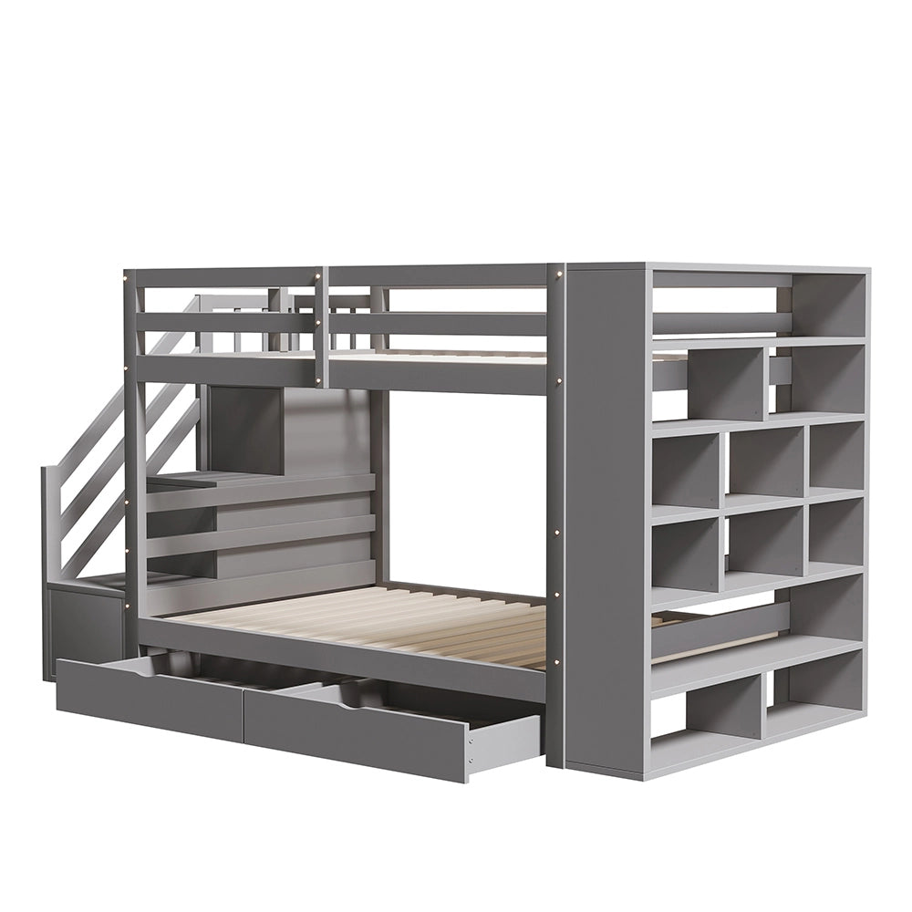 Letto a castello 90x200 cm - Xylo - Grigio con scala di sicurezza e cassetti