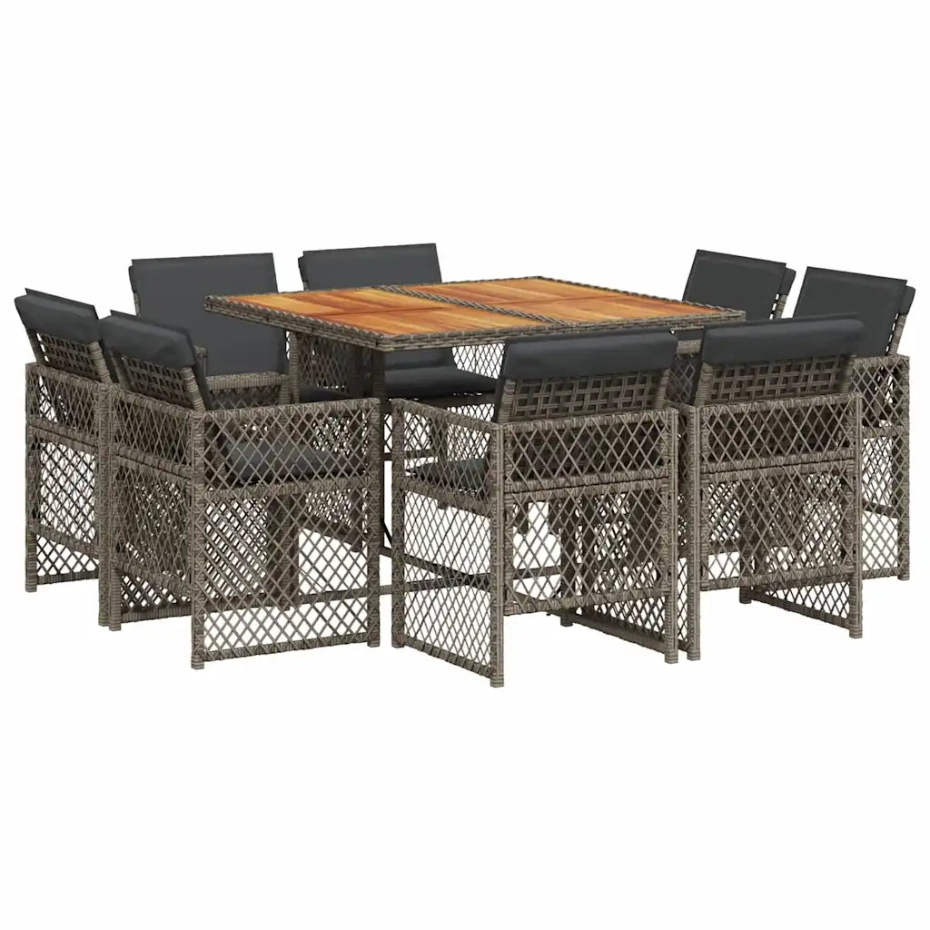 Set da Pranzo da Giardino 9 pz con Cuscini in Polyrattan Grigio
