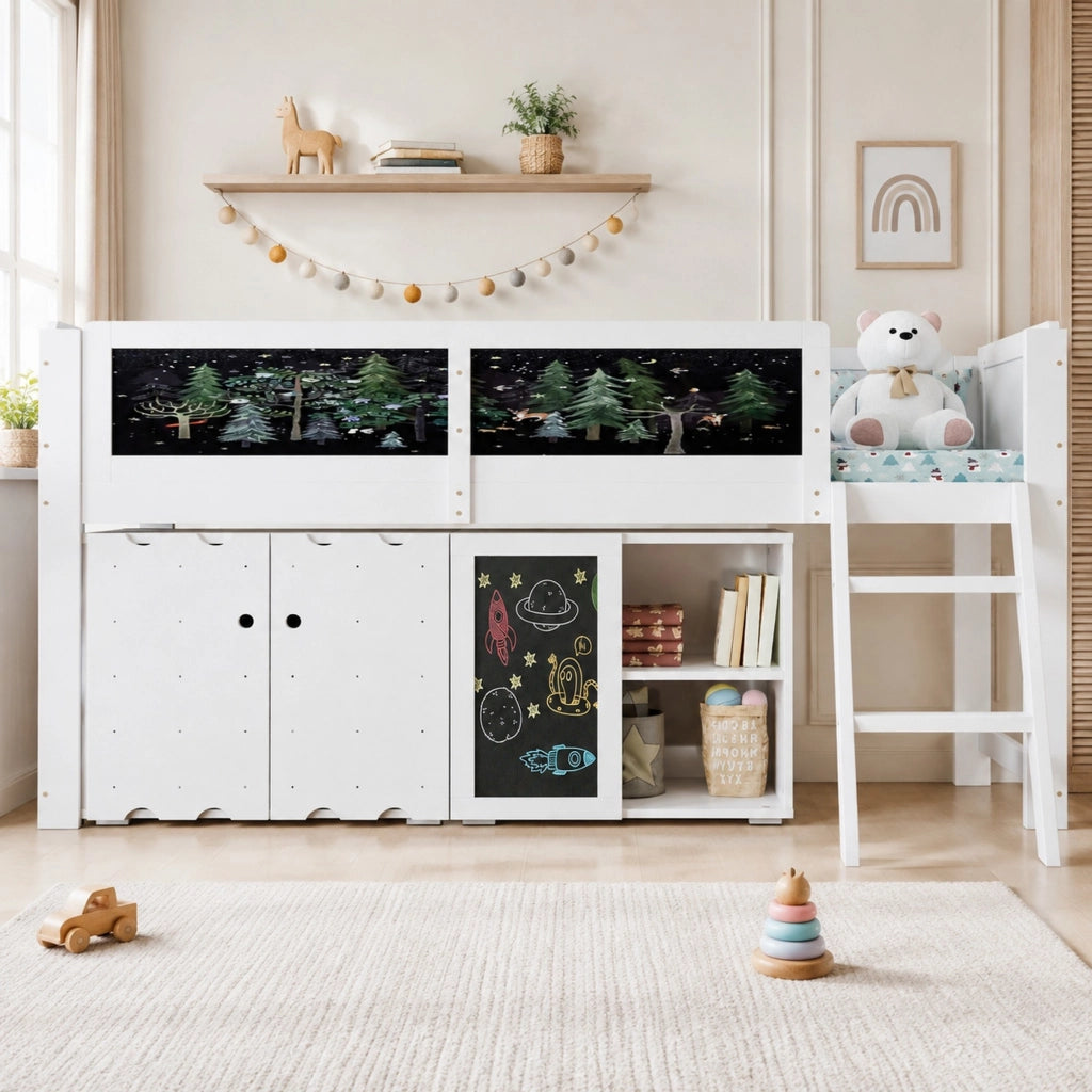 Letto a soppalco 90 × 200 cm con armadio a due ante; lavagna e scala inclinata a due gradini in legno e MDF