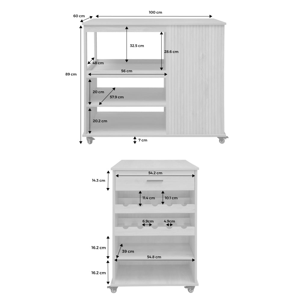 Carrello da cucina effetto legno con portabottiglie, 100cm, marrone