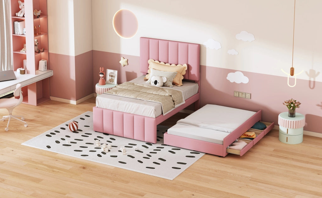 DESMIU Letto estraibile singolo con 3 cassetti e testiera regolabile 90 × 200 e 90 × 190 cm, senza materasso, rosa