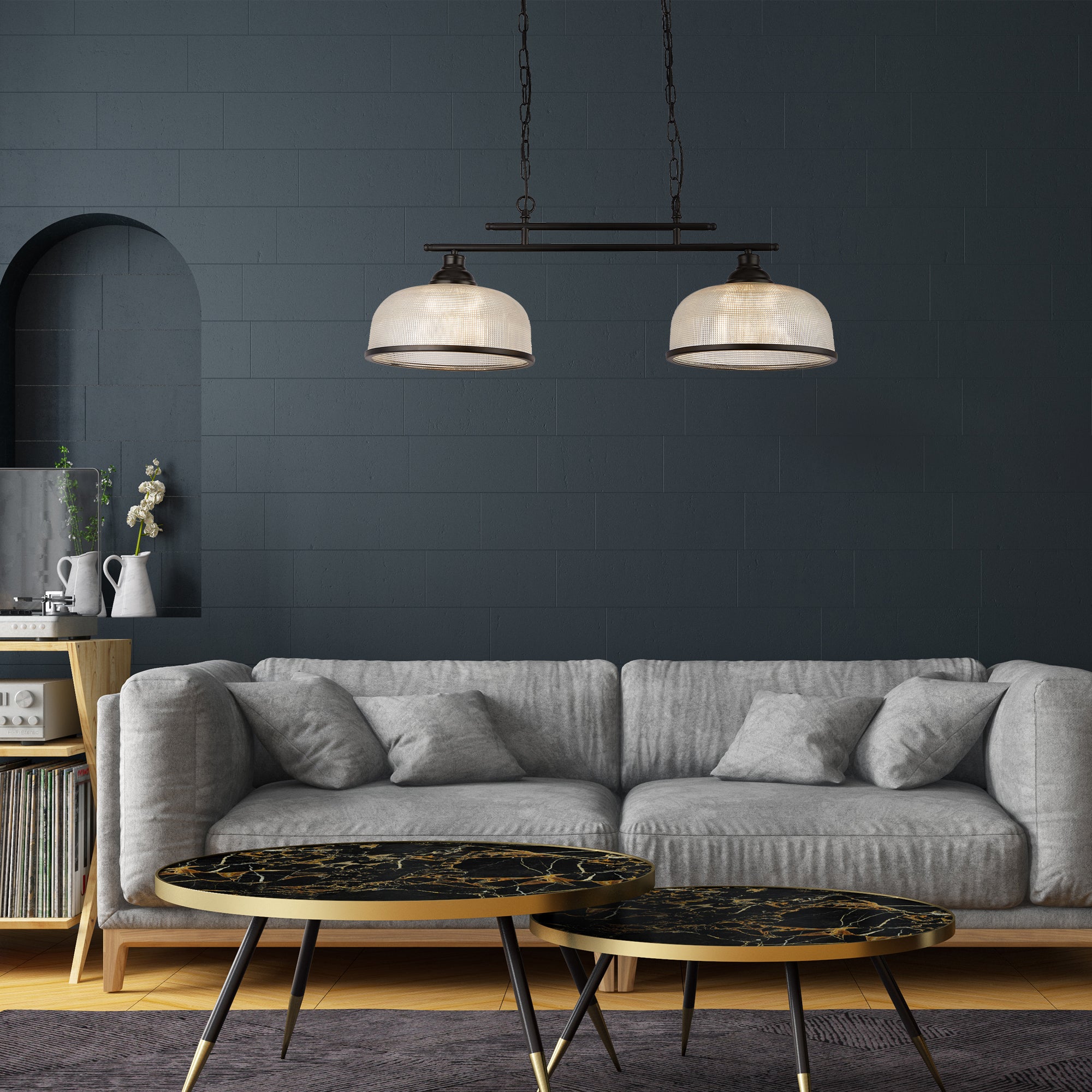 Lampadario Rustico-Country Highworth Acciaio Nero Vetro Trasparente 2 Luci E27