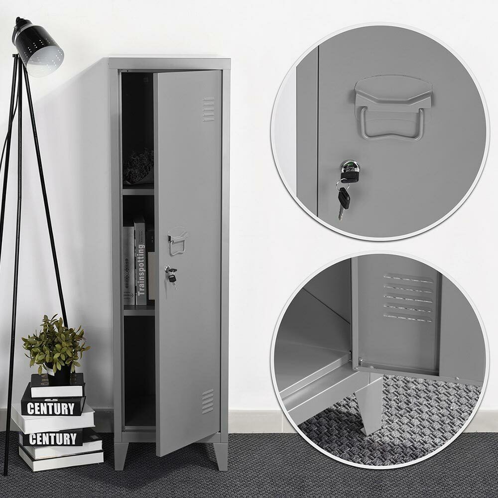 Armadietto Armadio Spogliatoio in Metallo un Anta con Chiave 3 Scomparti Grigio