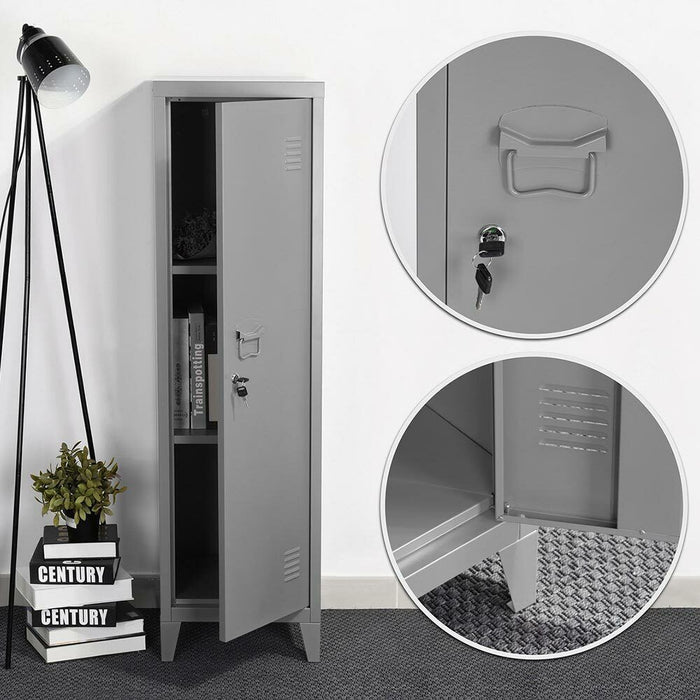 Armadietto Armadio Spogliatoio in Metallo un Anta con Chiave 3 Scomparti Grigio