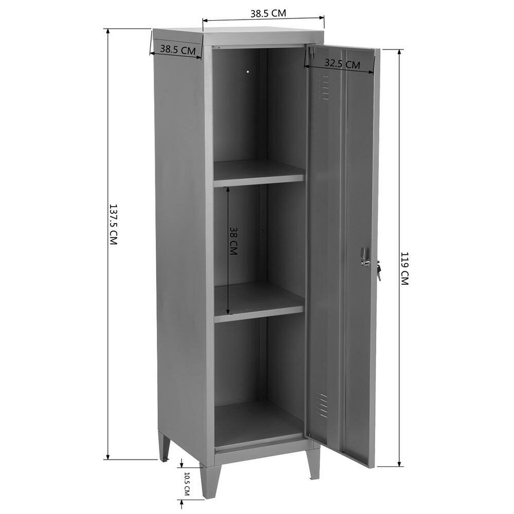 Armadietto Armadio Spogliatoio in Metallo un Anta con Chiave 3 Scomparti Grigio
