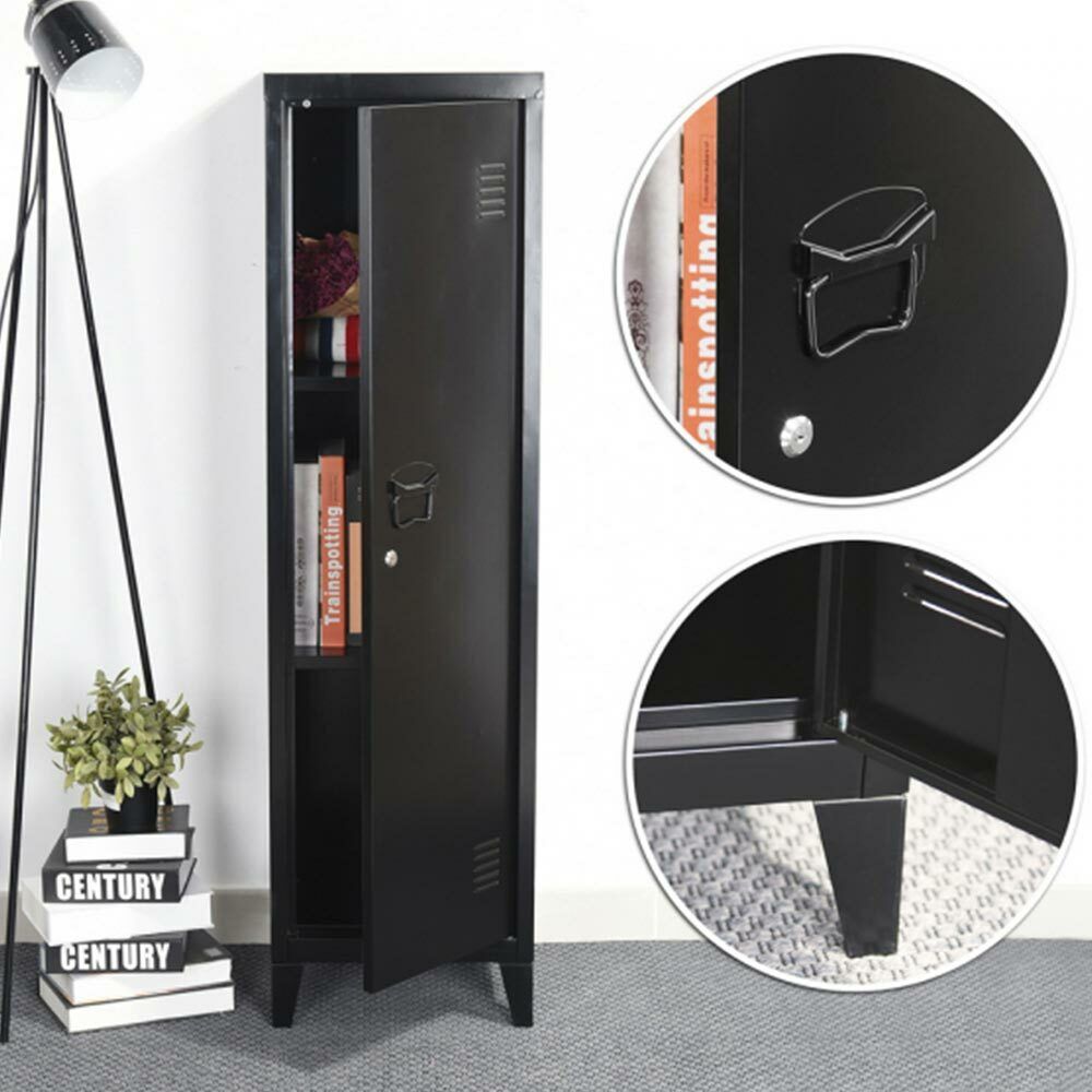 Armadietto Armadio Spogliatoio in Metallo un Anta con Chiave 3 Scomparti Nero