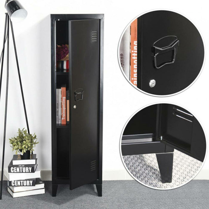 Armadietto Armadio Spogliatoio in Metallo un Anta con Chiave 3 Scomparti Nero