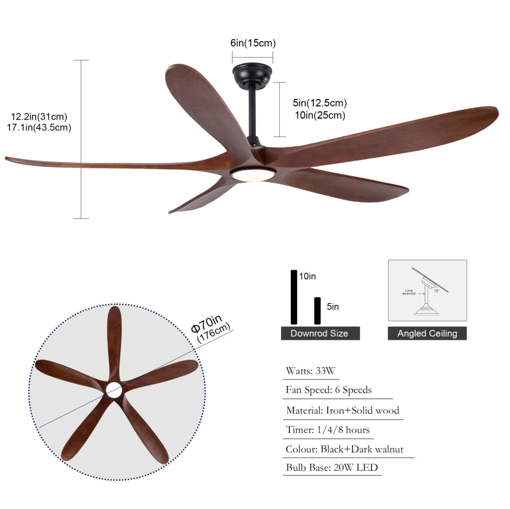 Ventilatore da soffitto con luce LED da 60 pollici; 5 pale in legno massello; noce e nero