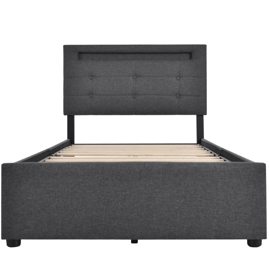 Letto singolo imbottito con LED e 2 cassetti; grigio; 90x200 cm