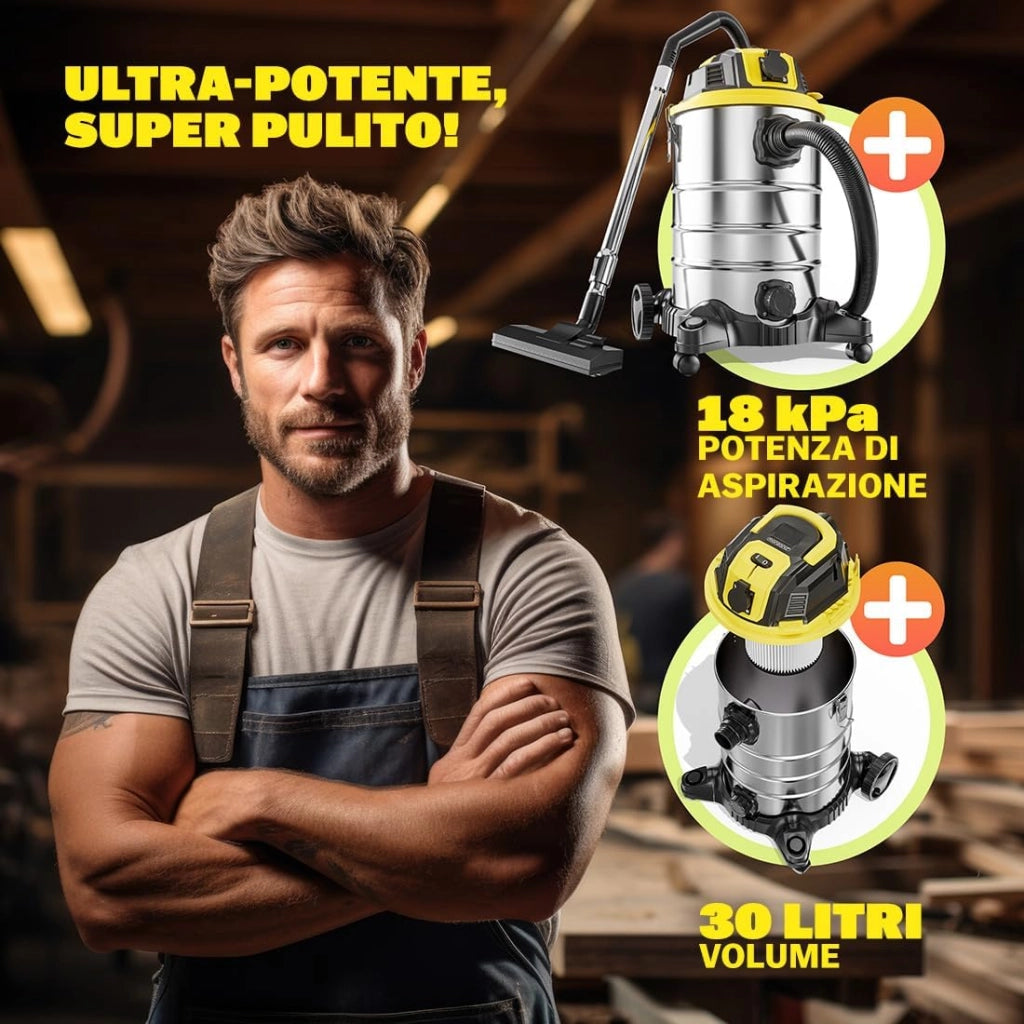 ® Aspirapolvere Liquidi Solidi 30L 2200W Presa Certificata GS Raggio 9m Aspiratore Secco Umido Industriale Acciaio Inox con Funzione di Soffiaggio