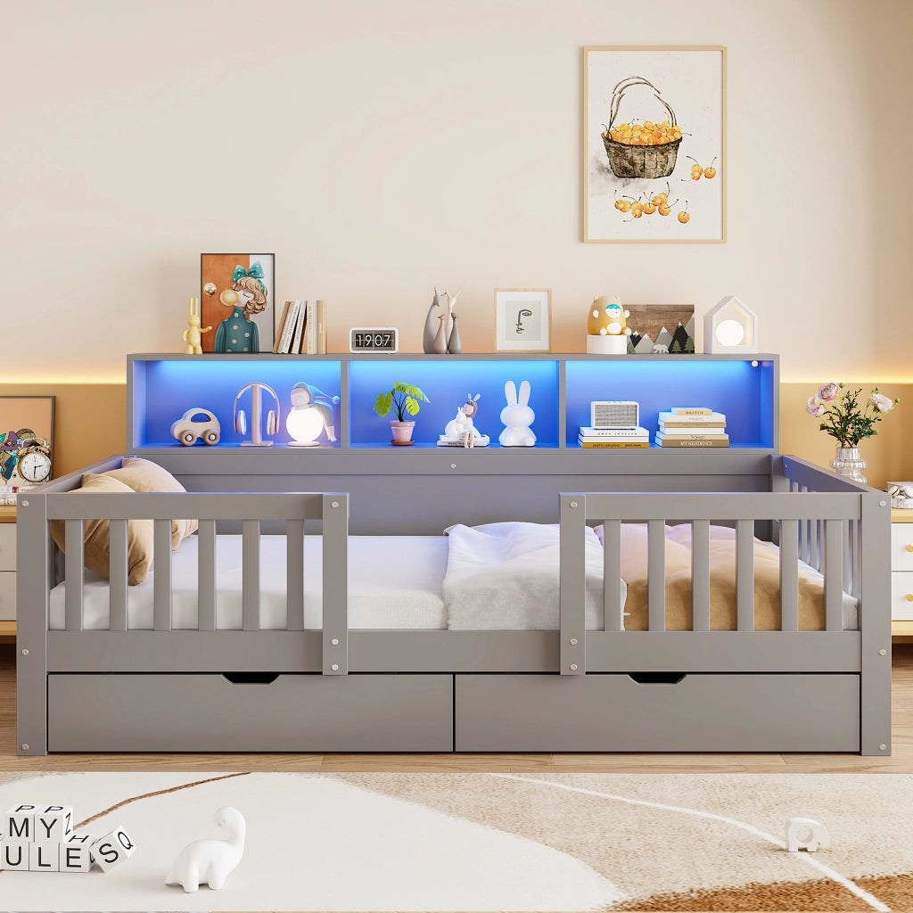 Letto per bambini singolo con barriera; 2 cassetti; ripiani e LED 90 × 200 cm; senza materasso